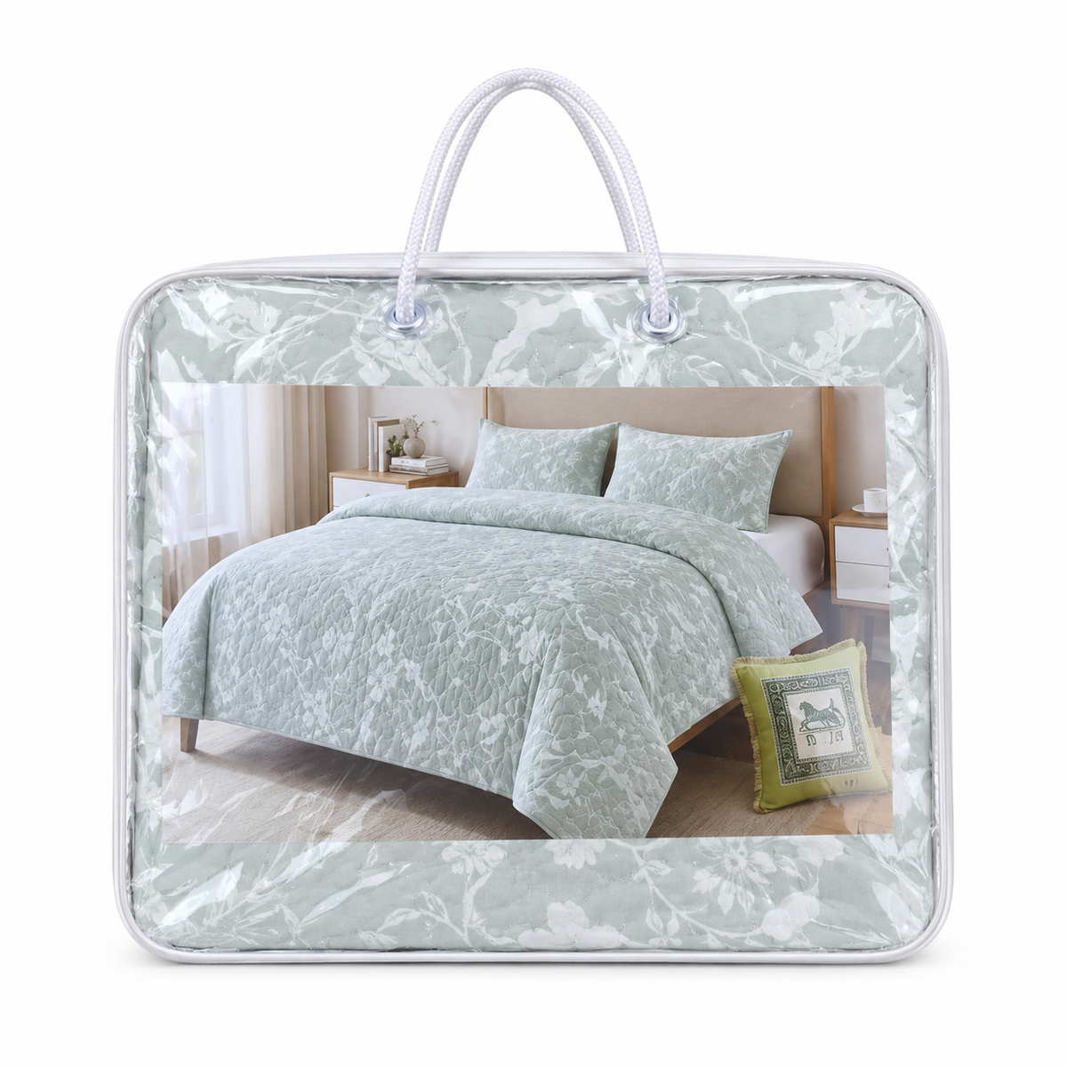 Green floral 4-piece quilt bedspread set in carry bag - hero view