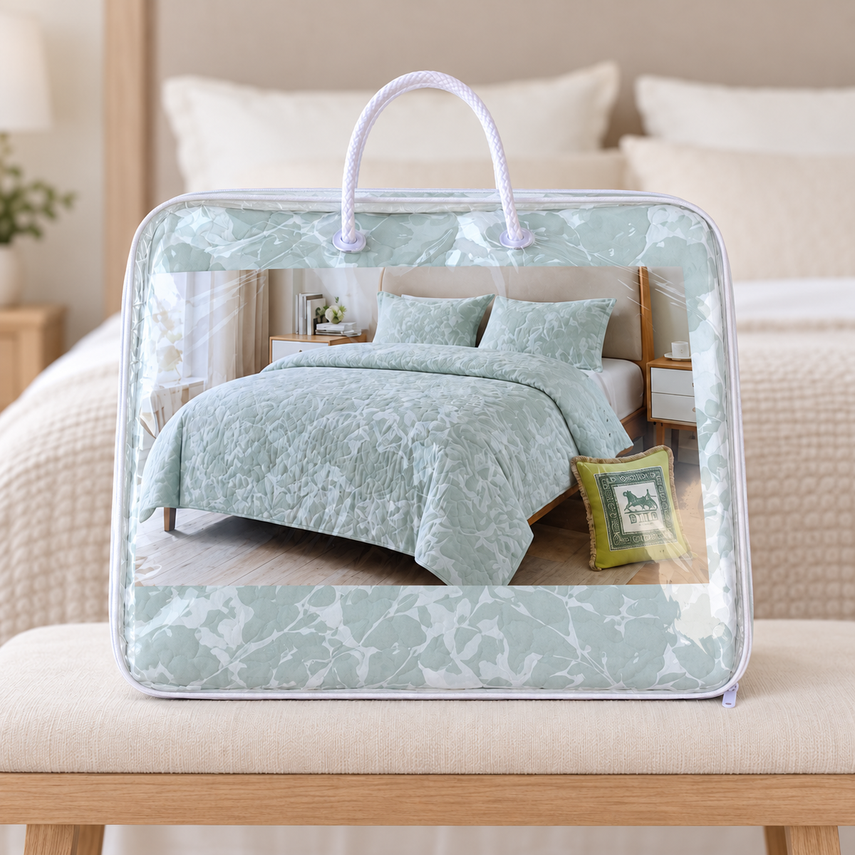Green floral 4-piece quilt bedspread set in carry bag - room view