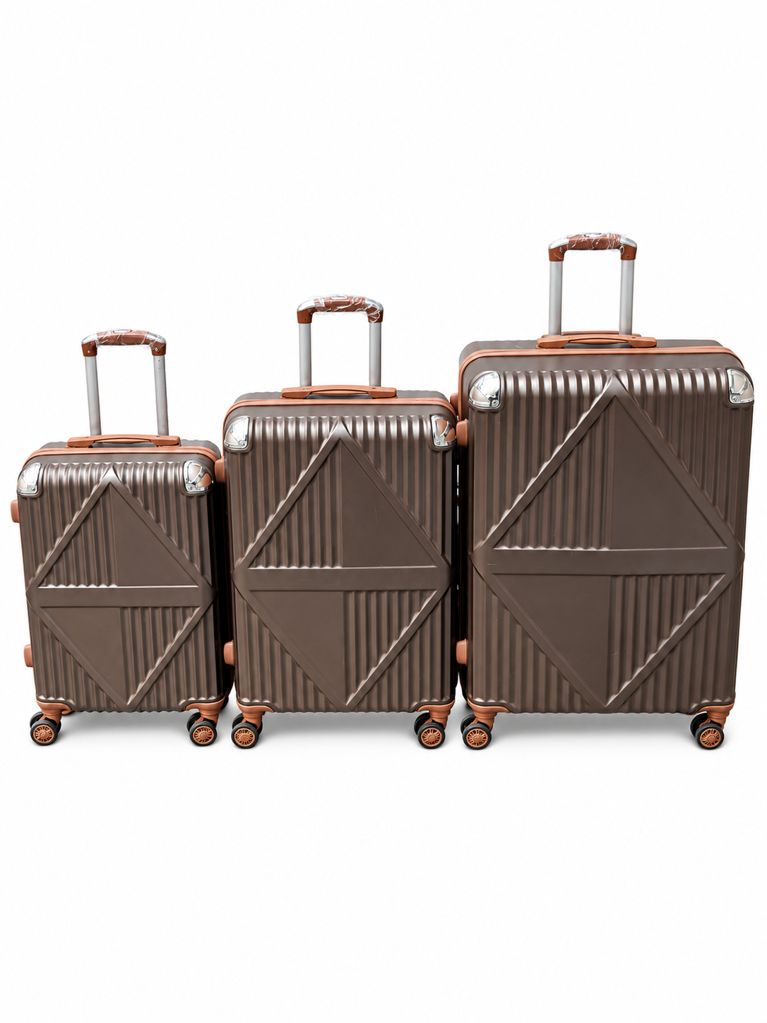 Three-piece triangle-panel suitcase set shown in brown; assorted colours subject to availability