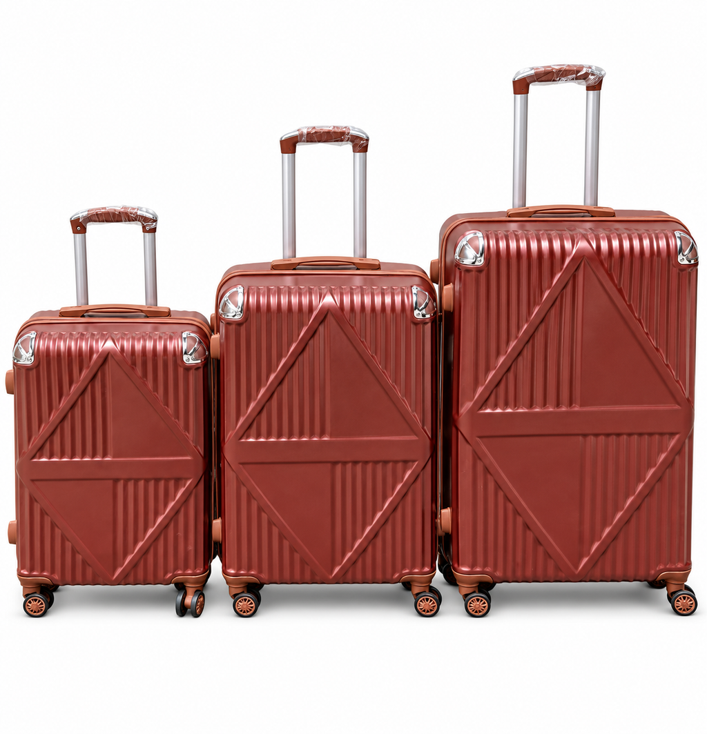 Three-piece triangle-panel suitcase set shown in maroon; assorted colours subject to availability