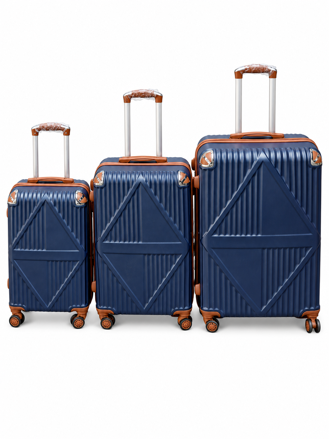 Three-piece triangle-panel suitcase set shown in navy; assorted colours subject to availability