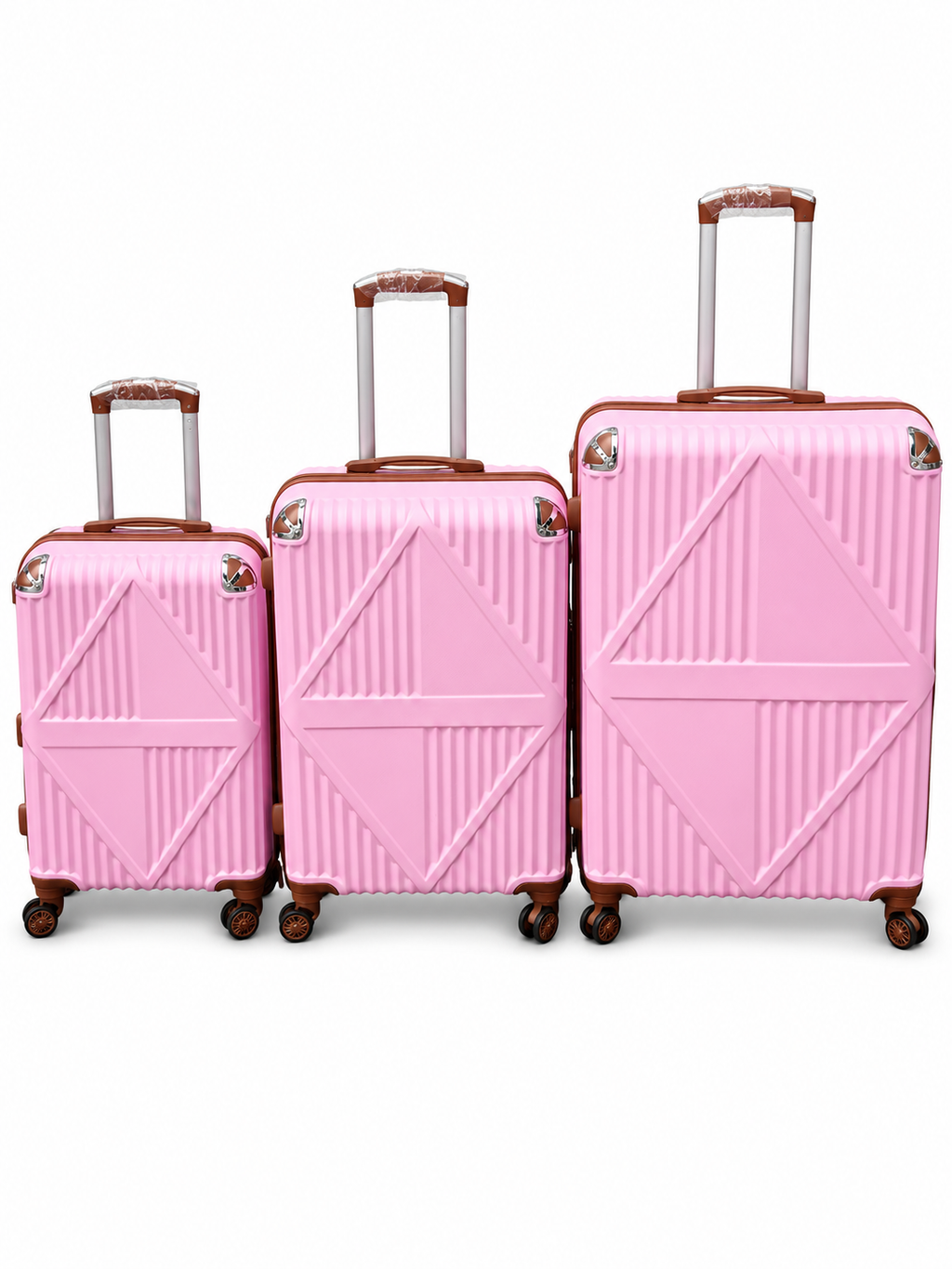 Three-piece triangle-panel suitcase set shown in pink; assorted colours subject to availability