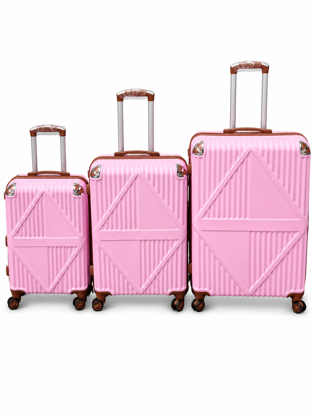 Three-piece triangle-panel suitcase set shown in pink; assorted colours subject to availability