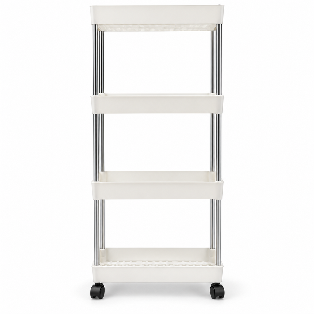 White four-tier storage trolley with chrome supports and caster wheels