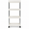 White four-tier storage trolley with chrome supports and caster wheels