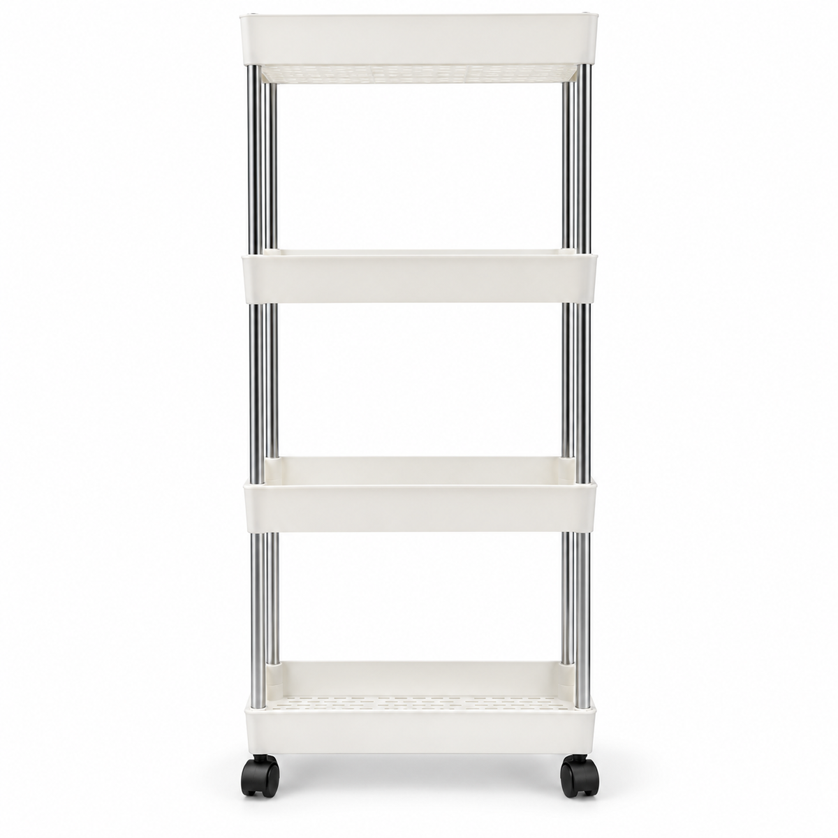 White four-tier storage trolley with chrome supports and caster wheels