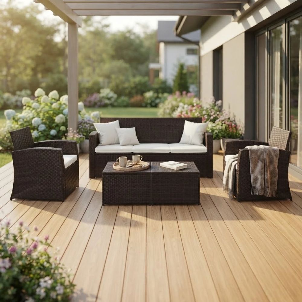 SMTE 5 Piece Outdoor Wicker Sofa Set with Coffee Table Brown