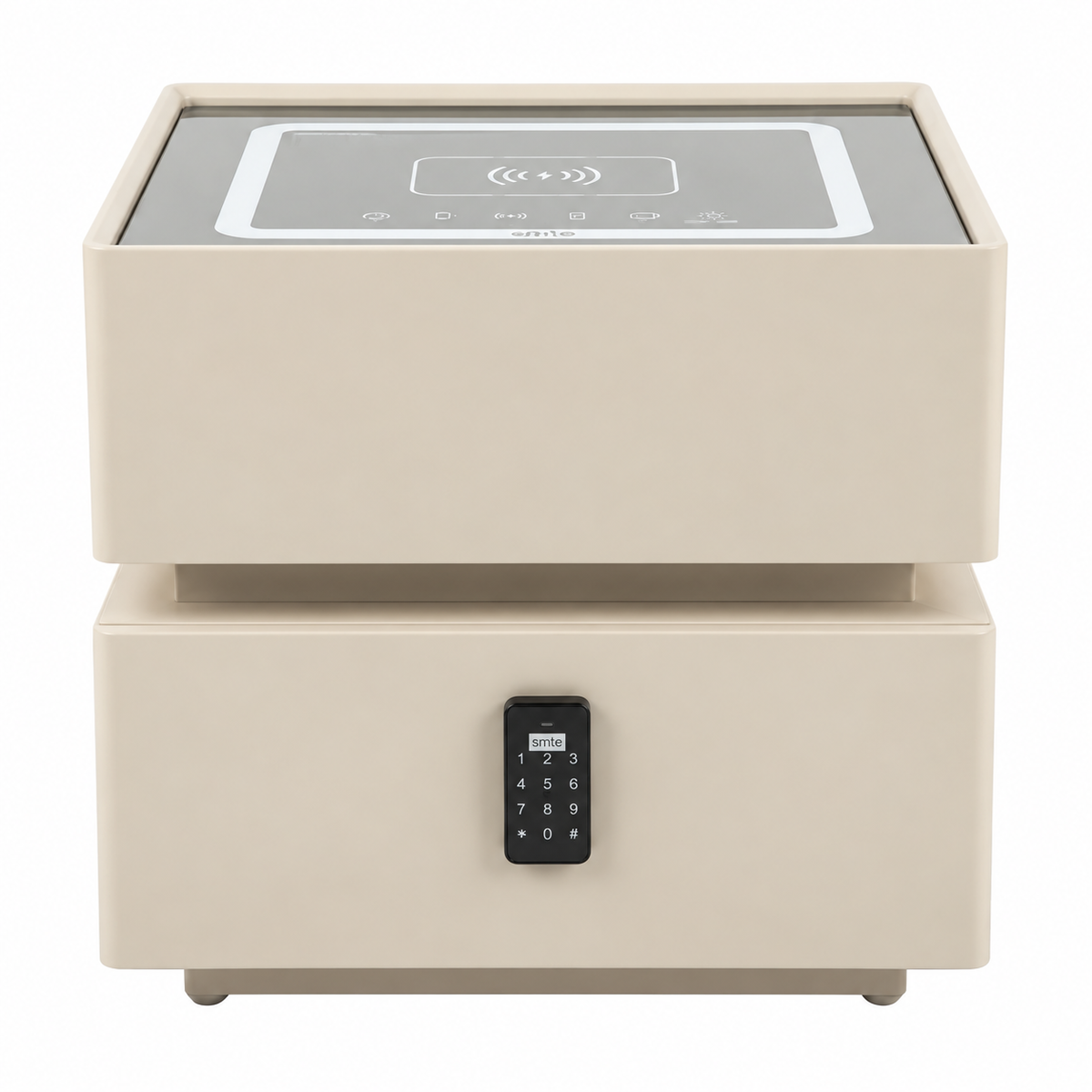 White two-drawer bedside table with wireless charging and digital lock