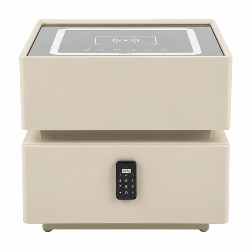 White two-drawer bedside table with wireless charging and digital lock