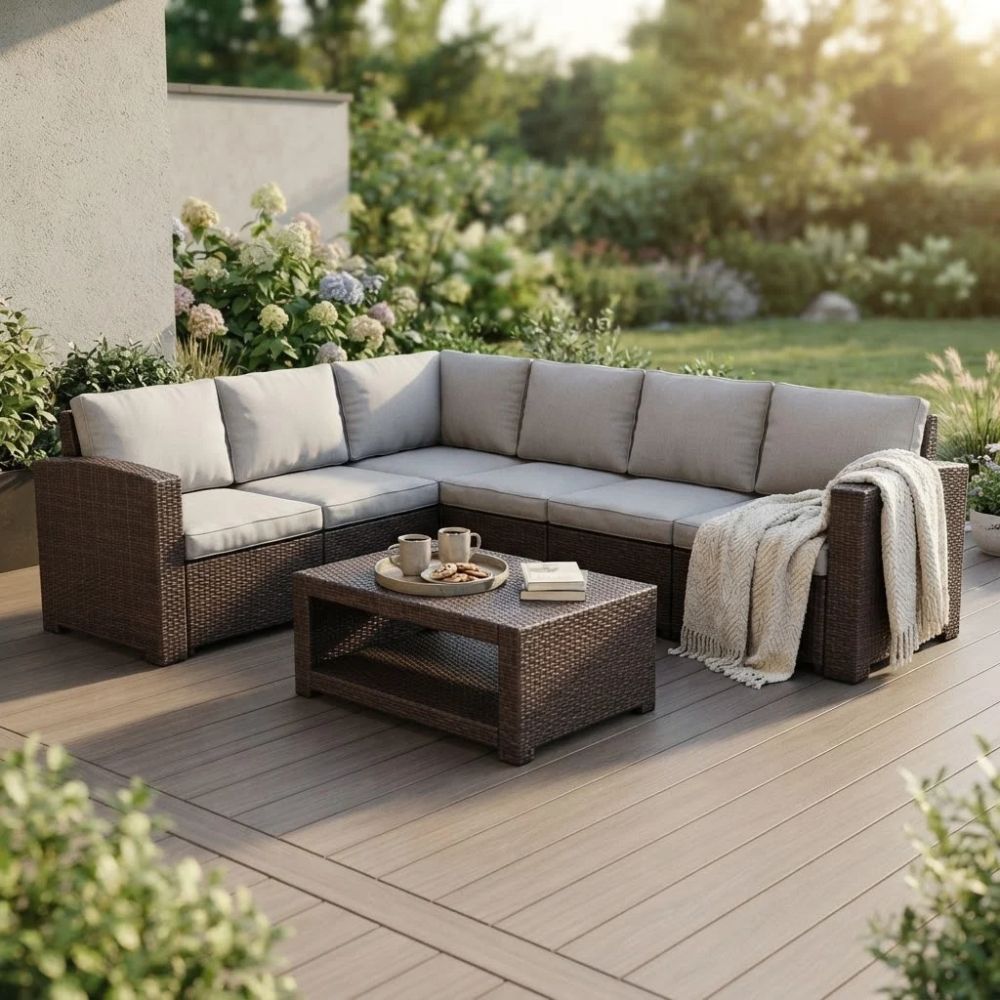 SMTE 5 Piece Outdoor Wicker Sectional Sofa Set with Coffee Table