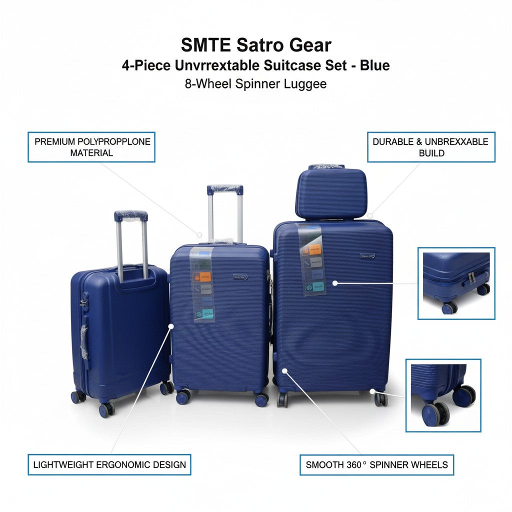 SMTE Satro Gear 4-Piece Polypropylene Unbreakable Suitcase Blue 8 Wheels