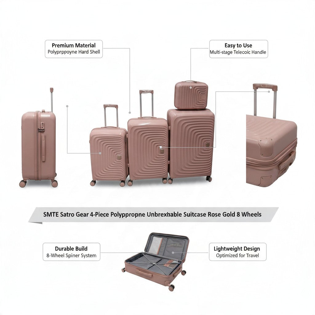 SMTE Satro Gear 4-Piece Polypropylene Unbreakable Suitcase Rose Gold 8 Wheels